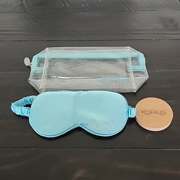 KOPARI Makeup Bag Silk Eye Sleep Mask Cosmetic Mirror Set of 3 Travel Blue - Picture 1 of 8